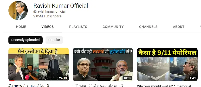 journalist ravish kumar youtube channel screenshot